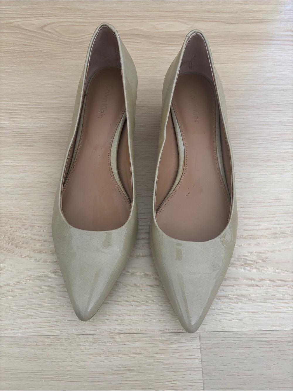 Calvin Klein Women's Shiny Pointed-Toe Heels in Light Beige